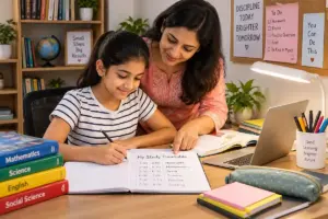 Indian mother helping daughter organise a study timetable and homework at a clean home study desk