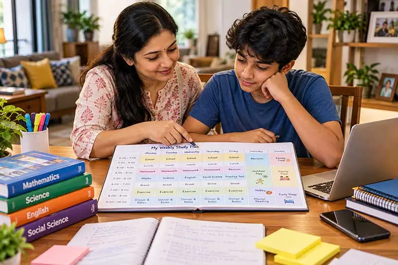 Indian mother and teenage son reviewing a weekly study planner with schoolwork, revision, exercise, breaks, and family time
