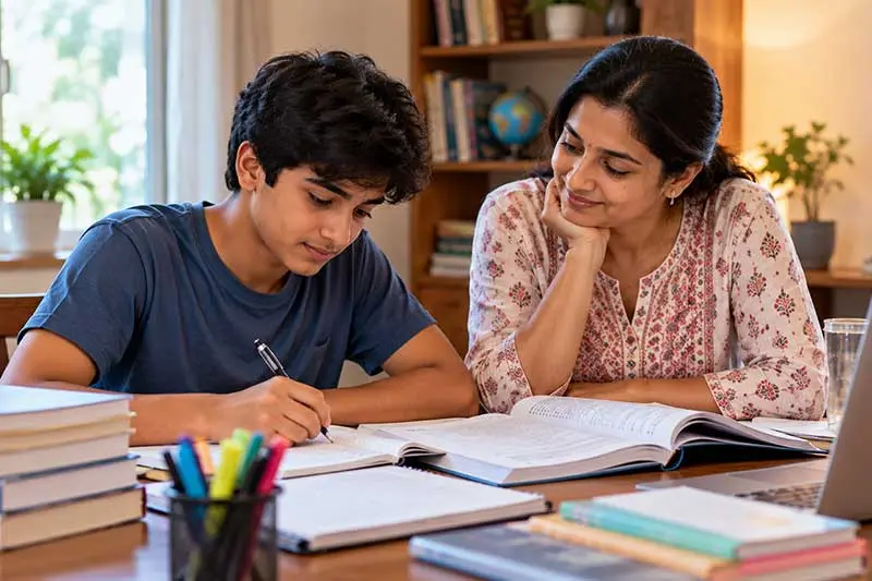 Indian mother supporting her teenage son with board exam studies in a calm, encouraging home environment
