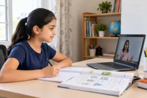 Indian school student attending an online lesson on a laptop while taking notes at a study desk.