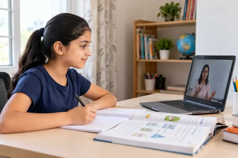 Indian school student attending an online lesson on a laptop while taking notes at a study desk.