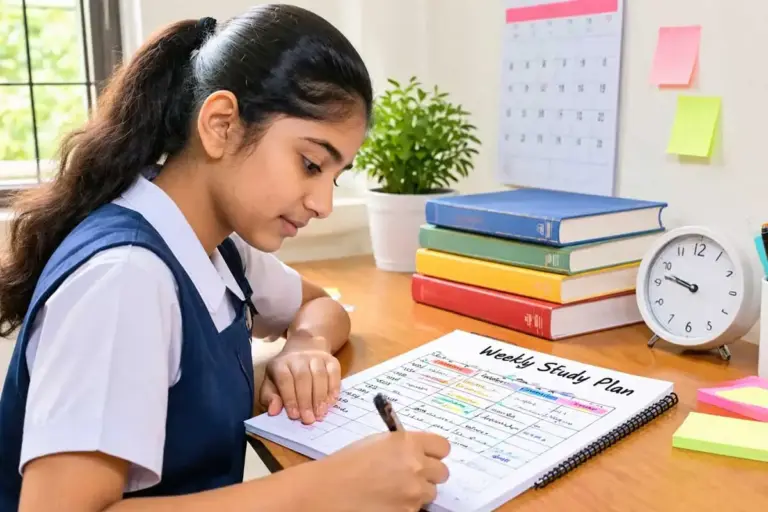 Indian school student creating a weekly study timetable at a desk with textbooks, calendar, and colourful stationery.