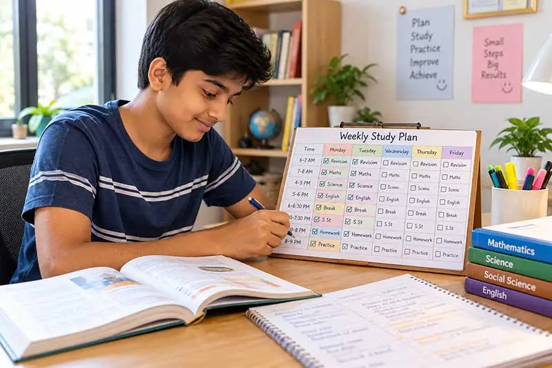 Indian student reviewing a weekly study timetable with textbooks, completed worksheets, and a checklist at home.