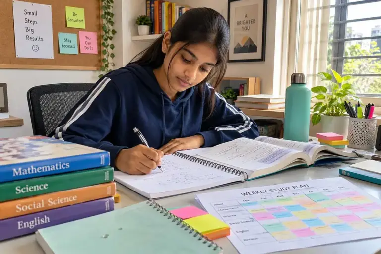 Indian school student practising smart study techniques with textbooks, handwritten notes, a study timetable, and colourful sticky notes.