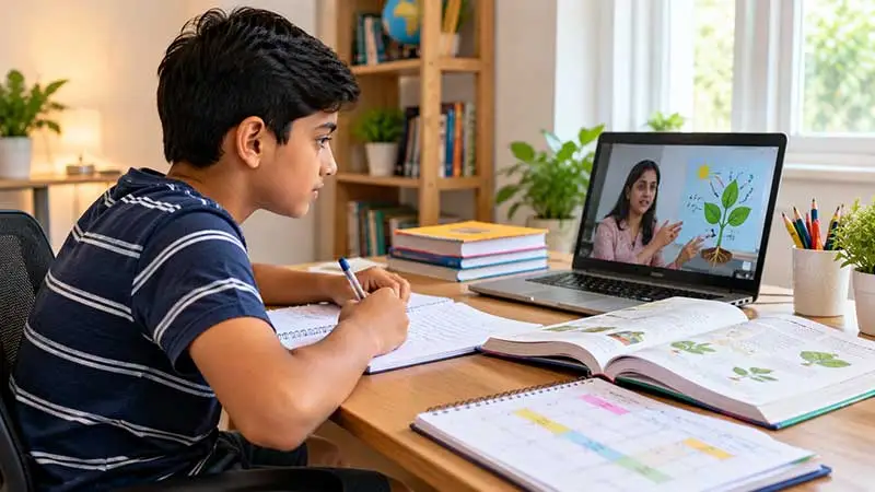 Indian middle-school student taking notes during an online Science lesson with a laptop, textbook, and study planner.