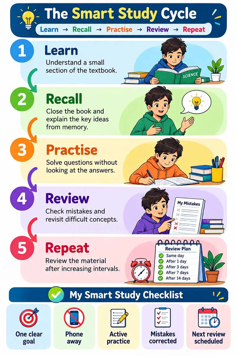 Smart study cycle infographic showing five steps: learn, recall, practise, review, and repeat, with a student study checklist.